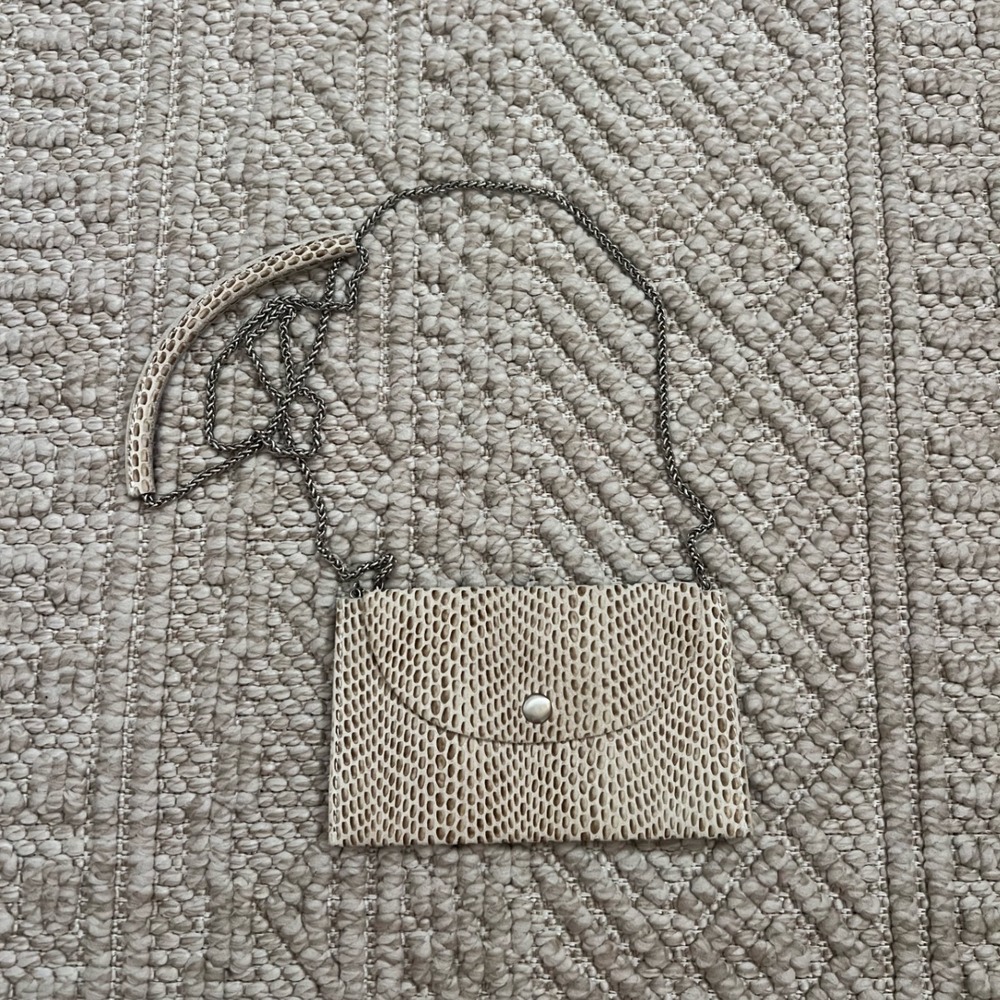 Cream Snakeskin Embossed Leather Crossbody Bag Envelope Clutch Chain Strap